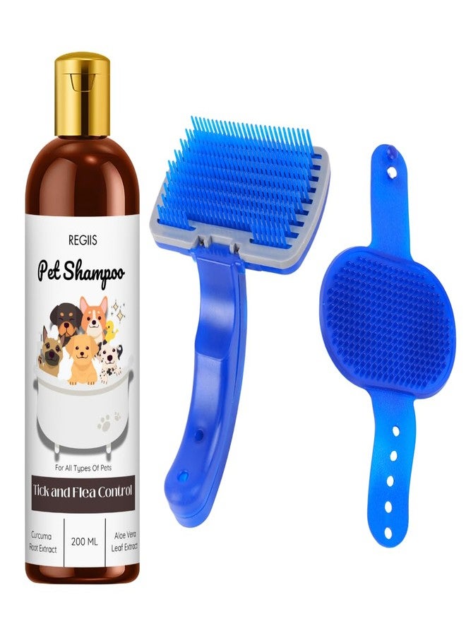 شامبو للحيوانات الأليفة مع مكافحة القراد والبراغيث، وخلاصة الكركم والصبار، 200 مل، مع مجموعة فرشاة للعناية (عبوة من 3 قطع) - Image 1